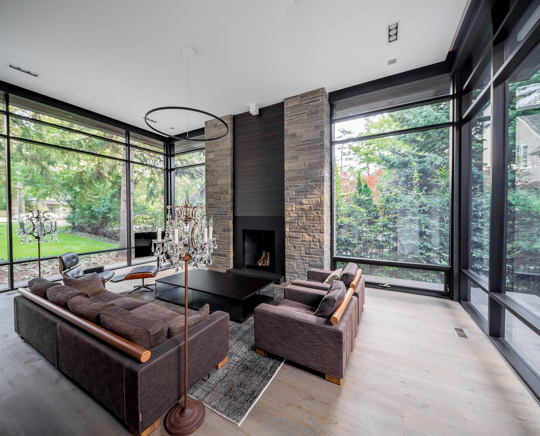 wood and glass living room decor